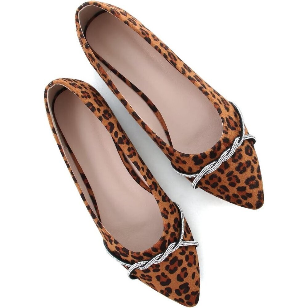 Women's Leopard Casual Flats Fashion Chain Pointed Toe Ballet Flat Rhinestone - Picture 1 of 7
